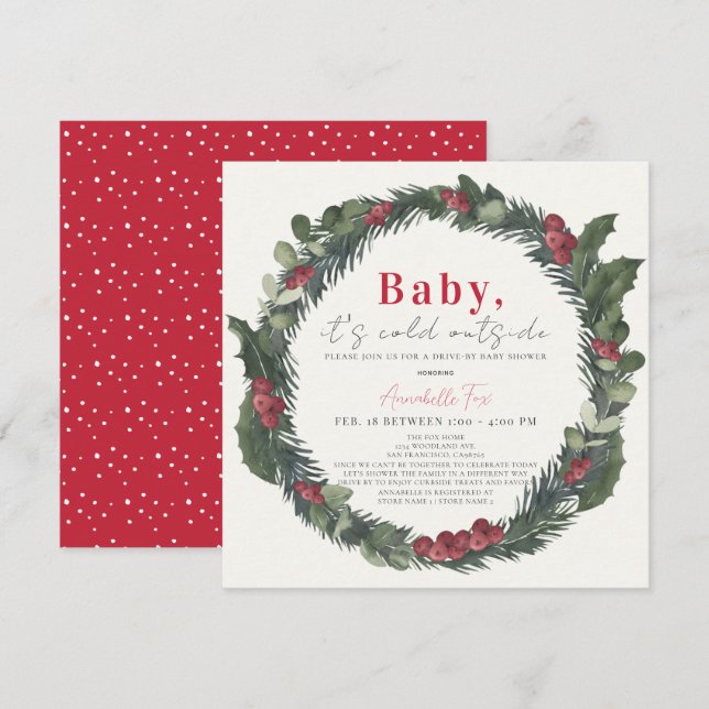 Baby It's Cold Holiday Wreath Drive-by Baby Shower Invitation (Front/Back)
