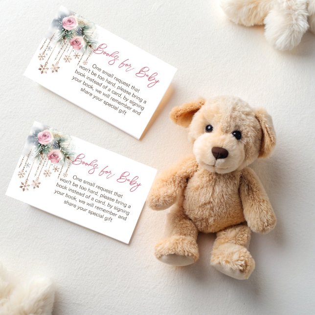 Baby it's cold outside baby shower book request enclosure card (Baby it's cold outside winter baby shower book request enclosure cards pastel pink snowflakes roses)