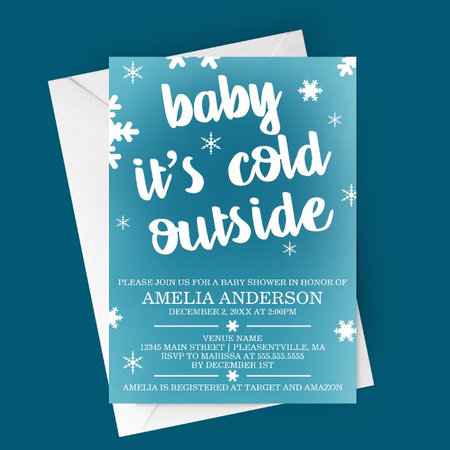Baby It's Cold Outside Baby Shower Invitation (Baby It's Cold Outside Winter Baby Shower Invitation with Blue Ombre Background and Snowflakes)