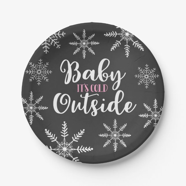 Baby It's Cold Outside Baby Shower Snowflake Pink Paper Plate (Front)