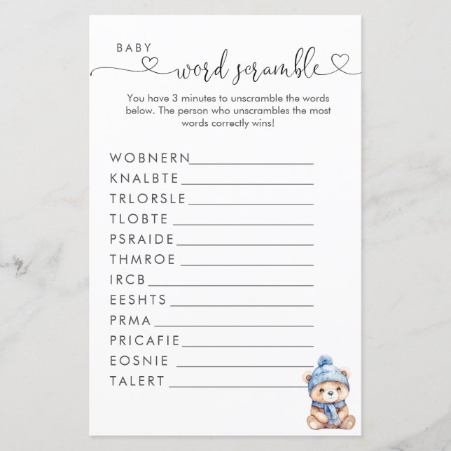 Baby It's Cold Outside Baby Shower Word Scramble  (Front)