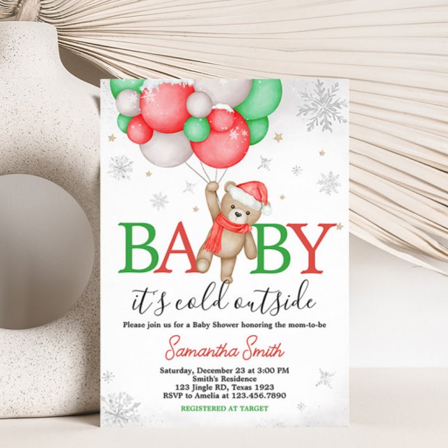 Baby It's Cold Outside Bear Balloon Baby Shower Invitation (Christmas Santa Bear Baby Shower Invitation)