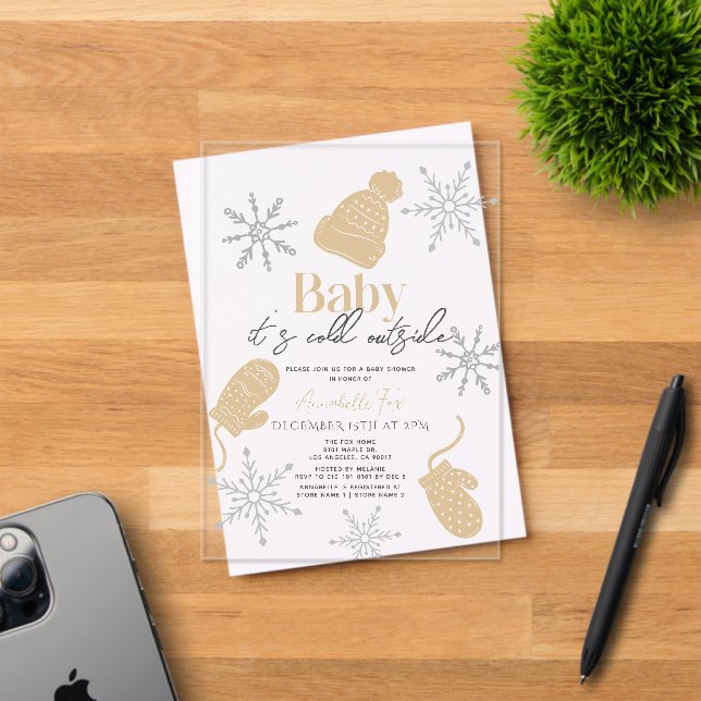Baby It's Cold Outside Beige Beanie Baby Shower Acrylic Invitations (Insitu (Invitation Card))
