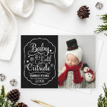 Baby Its Cold Outside Black Script Photo Holiday Card<br><div class="desc">"Baby it's Cold Outside" Christmas greeting card design template features a modern white script font with snowflake and star accents in a decorative frame with custom "Warmest Wishes" text that can be personalised.  Black background can be modified. Design is perfect for families celebrating their newborn baby's first Christmas!</div>