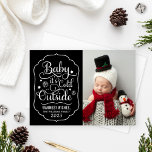 Baby Its Cold Outside Black Script Photo Holiday Card<br><div class="desc">"Baby it's Cold Outside" Christmas greeting card design template features a modern white script font with snowflake and star accents in a decorative frame with custom "Warmest Wishes" text that can be personalised.  Black background can be modified. Design is perfect for families celebrating their newborn baby's first Christmas!</div>