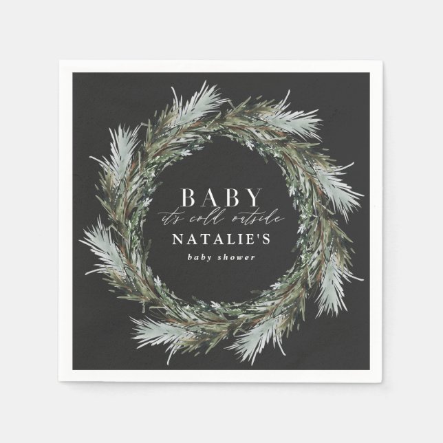 Baby its cold outside black winter baby shower napkin (Front)