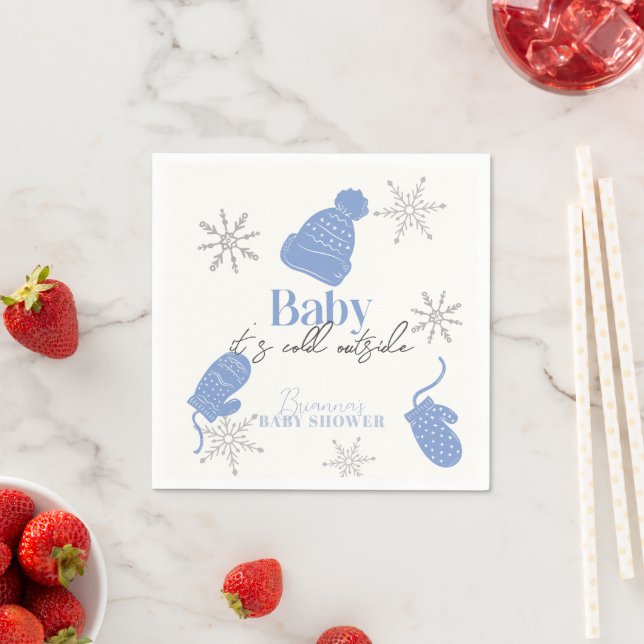 Baby It's Cold Outside Blue Beanie Boy Baby Shower Napkin (Insitu)