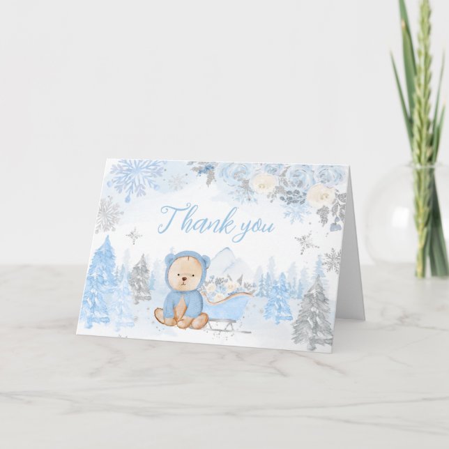 Baby Its Cold Outside Blue Bear Baby Shower  Thank You Card (Front)