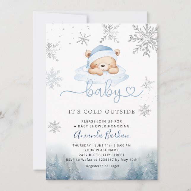 Baby Its Cold Outside Blue Bear Boy Baby Shower  Invitation (Front)