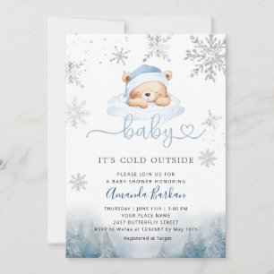 Baby Its Cold Outside Blue Bear Boy Baby Shower  Invitation