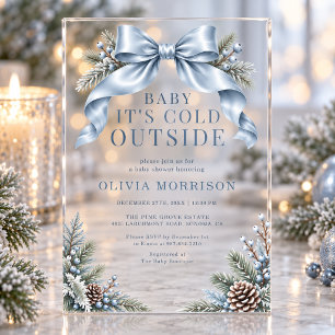 Baby It's Cold Outside Blue Bow Baby Shower Acrylic Invitations
