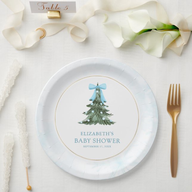 Baby It's Cold Outside Blue Bow Baby Shower Paper Plate (Wedding)