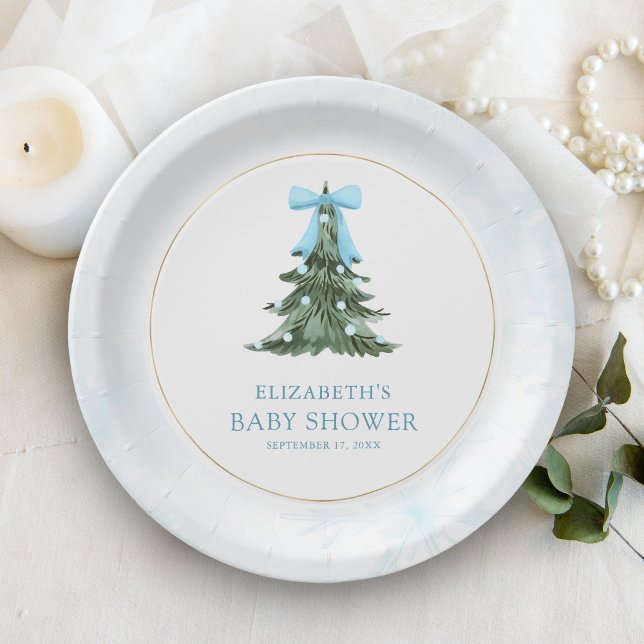 Baby It's Cold Outside Blue Bow Baby Shower Paper Plate (Creator Uploaded)