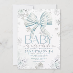 Baby It's Cold Outside Blue Bow Winter Baby Shower Invitation