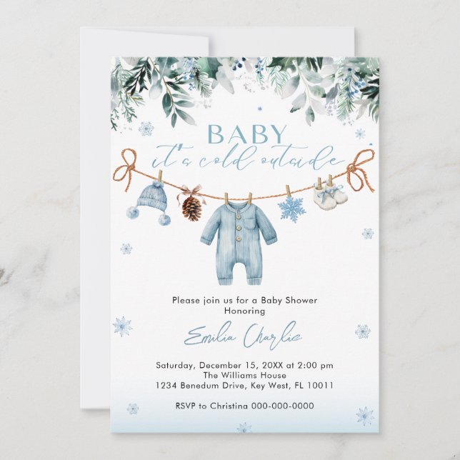 Baby it's Cold Outside Blue Clothes  Baby Shower  Invitation (Front)