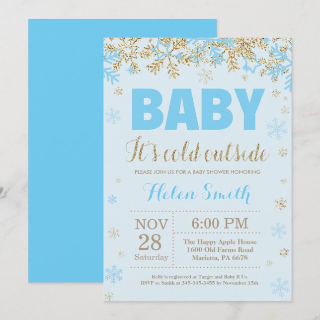 Baby its Cold Outside Blue Gold Boy Baby Shower Invitation (Front/Back)