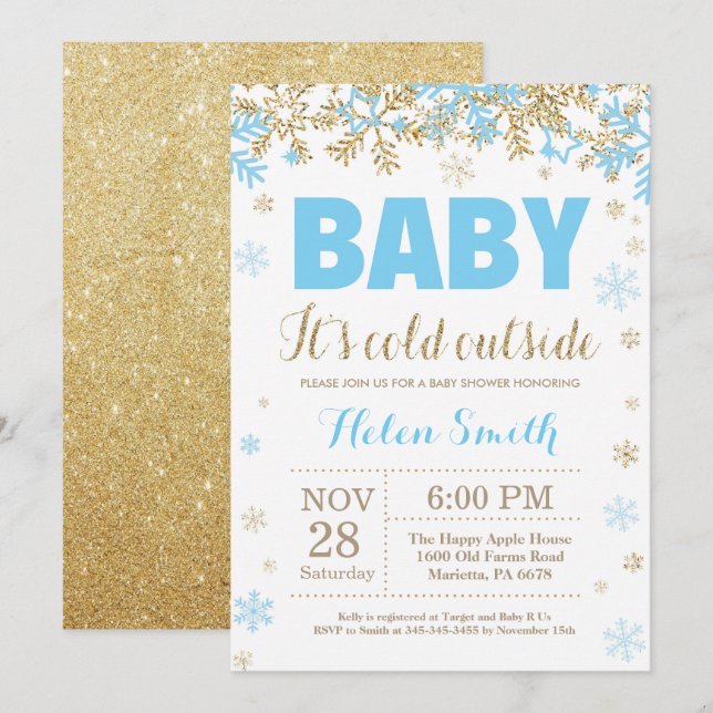 Baby its Cold Outside Blue Gold Boy Baby Shower Invitation (Front/Back)