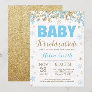 Baby its Cold Outside Blue Gold Boy Baby Shower Invitation