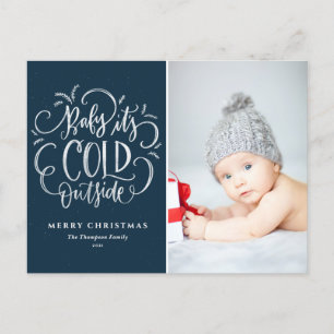 Baby It's Cold Outside Blue Merry Christmas Photo Holiday Postcard