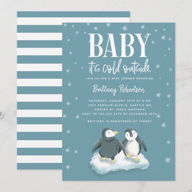 Baby Its Cold Outside Blue Penguins Baby Shower Invitation (Front/Back)