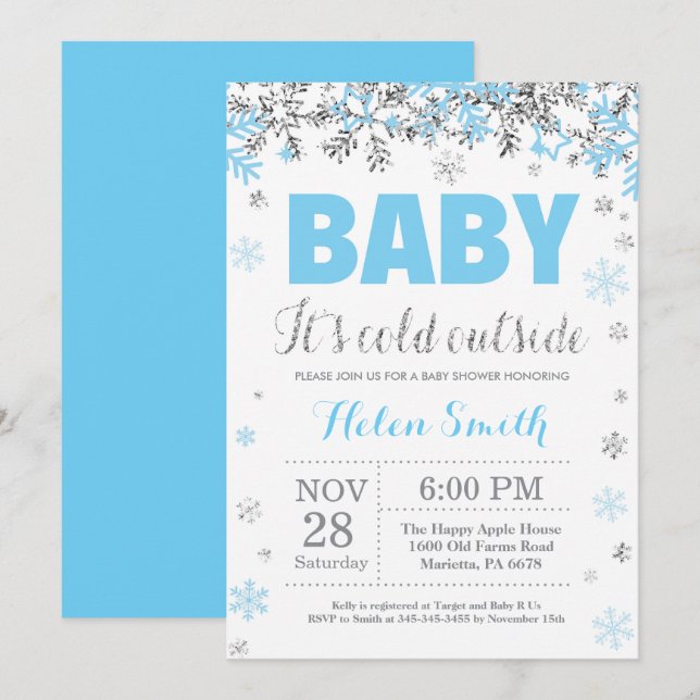 Baby its Cold Outside Blue Silver Boy Baby Shower Invitation (Front/Back)