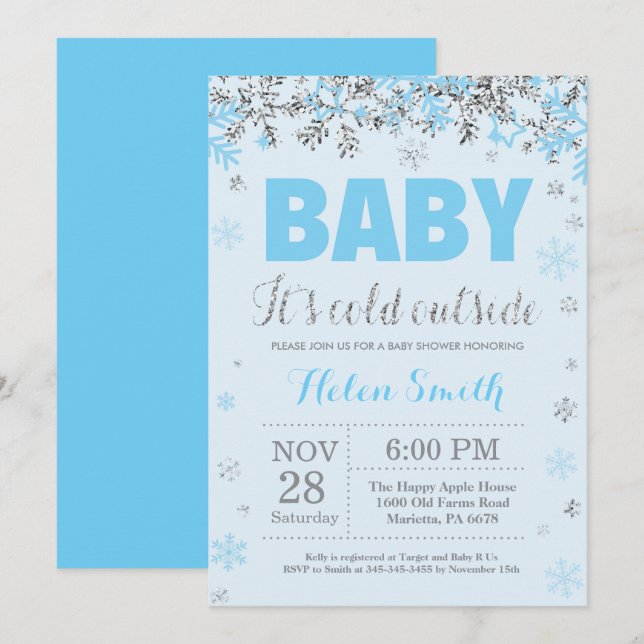 Baby its Cold Outside Blue Silver Boy Baby Shower Invitation (Front/Back)