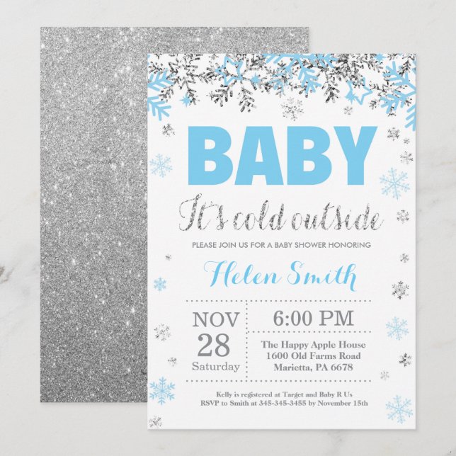 Baby its Cold Outside Blue Silver Boy Baby Shower Invitation (Front/Back)