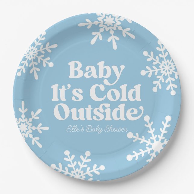 Baby It's Cold Outside Blue Snowflake Baby Shower Paper Plate (Front)