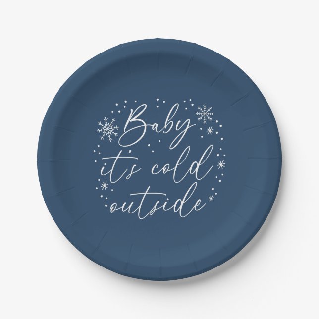 Baby It's Cold Outside Blue Snowflake Baby Shower Paper Plate (Front)