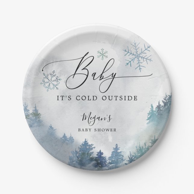 Baby It's Cold Outside Blue Snowflakes Shower Paper Plate (Front)
