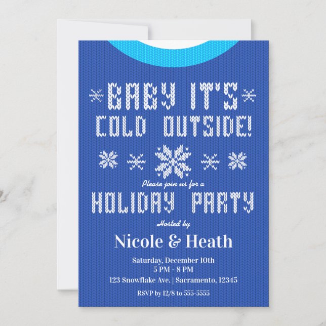 Baby It's Cold Outside Blue Sweater Holiday Party Invitation (Front)
