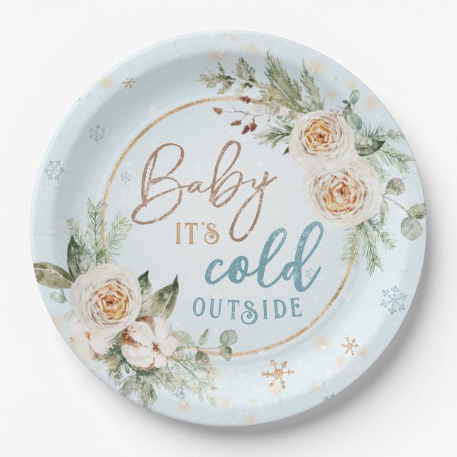 Baby It's Cold Outside Blue Winter Shower Sprinkle Paper Plate (Front)