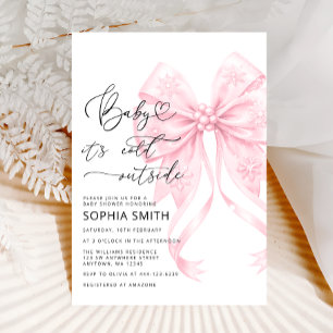 Baby it's Cold Outside Blush Pink Bow Baby Shower Invitation