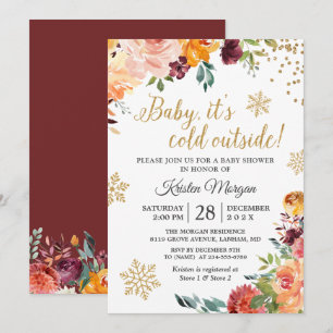 Baby Its Cold Outside Burgundy Floral Baby Shower Invitation
