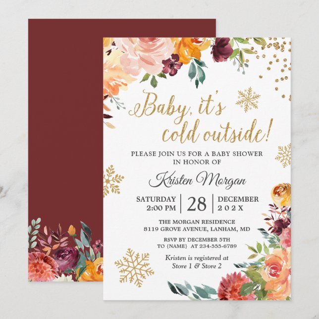 Baby Its Cold Outside Burgundy Floral Baby Shower Invitation (Front/Back)