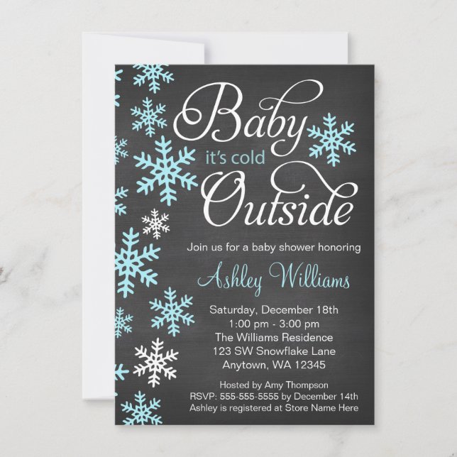 Baby It's Cold Outside Chalkboard Blue Baby Shower Invitation (Front)