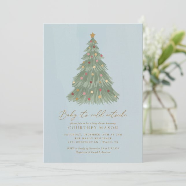 Baby It's Cold Outside Christmas Tree Baby Shower  Invitation (Standing Front)