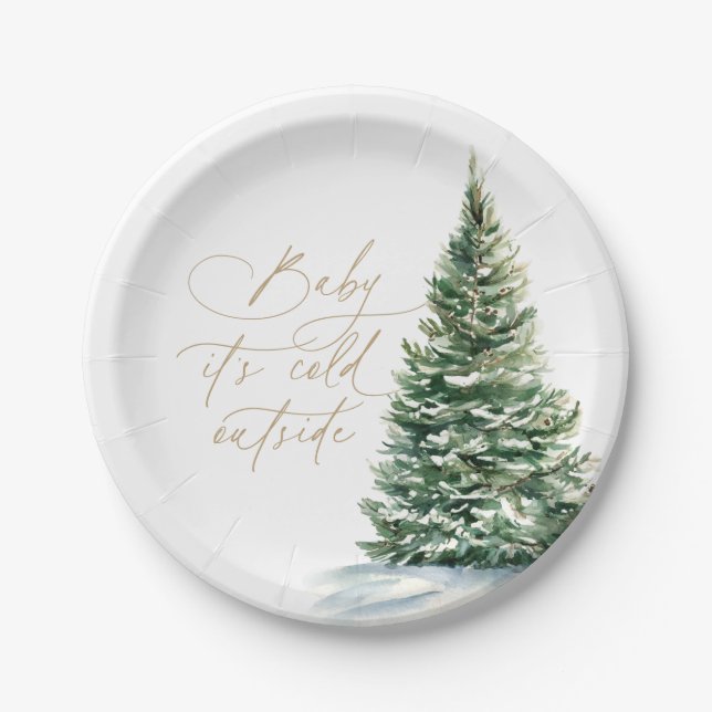 Baby It's Cold Outside Christmas Tree Baby Shower Paper Plate (Front)