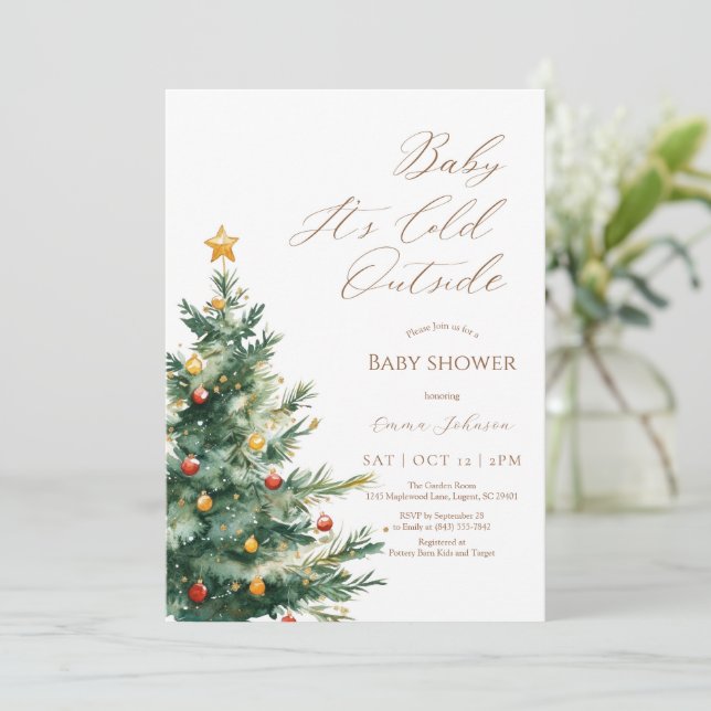 Baby it's cold outside Christmas Tree Baby Shower  Thank You Card (Standing Front)