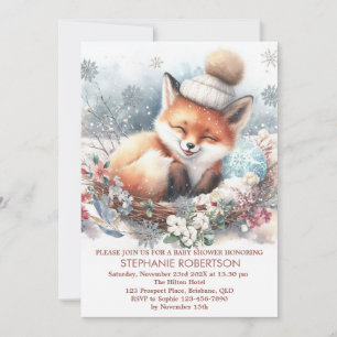 Baby its cold outside cute fox snowflakes forest invitation