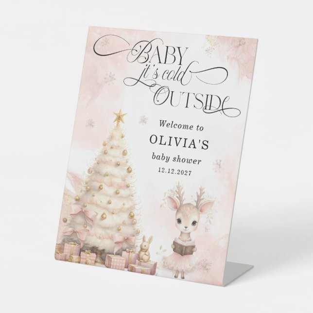 Baby it's Cold Outside Deer Baby Shower Welcome Pedestal Sign (Front)