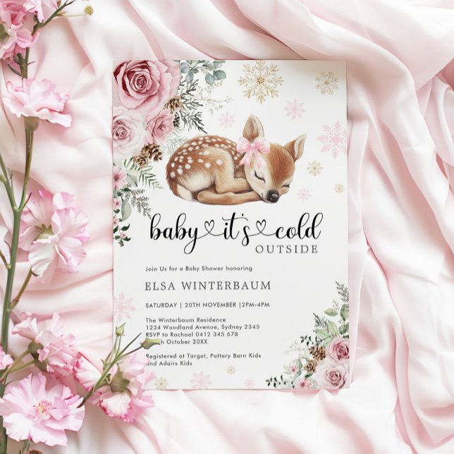 Baby It's Cold Outside Deer Pink Gold Baby Shower Invitation (Creator Uploaded)
