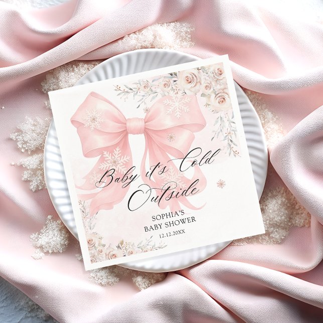 Baby Its Cold Outside Elegant Pink Bow Baby Shower Napkin (Creator Uploaded)