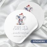 Baby it's cold outside elephant christmas shower  classic round sticker<br><div class="desc">The perfect way to celebrate the upcoming arrival of your little one during the cosy winter season! This charming design features an adorable baby elephant snugly dressed in a delightful winter red hat and scarf, setting the tone for a heartwarming and joyous event. Our sweet baby elephant, all bundled up...</div>