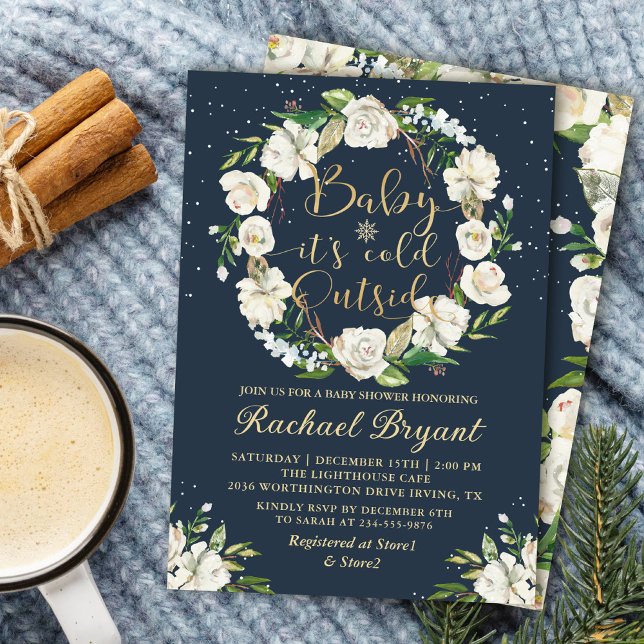 Baby Its Cold Outside Floral Navy Blue Baby Shower Invitation (Creator Uploaded)