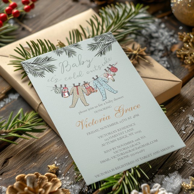 Baby It's Cold Outside Gender Neutral Baby Shower Invitation (Cute Baby It's Cold Outside Winter Baby Shower Invitations. Xmas Baby Pajamas, Stuffed Animals, Pine)
