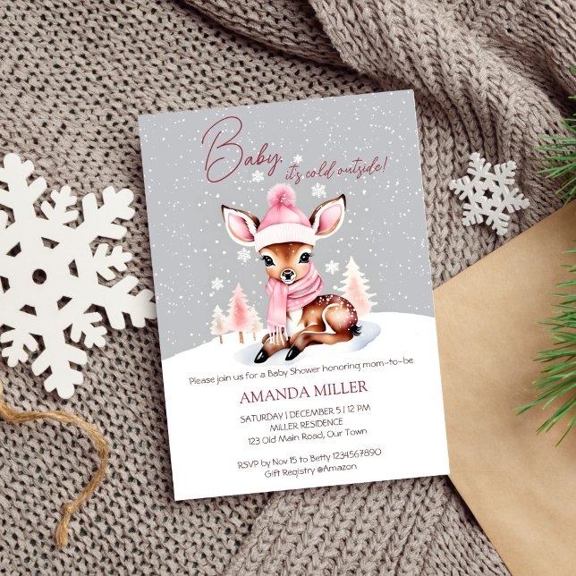 Baby it's cold outside girl baby deer baby shower invitation (Baby it's cold outside winter themed baby shower template invitation digital download cute deer snow)