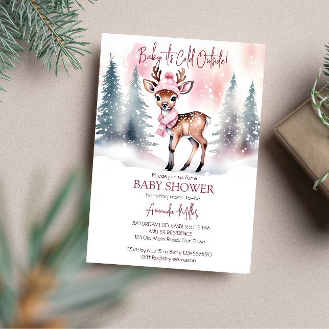 Baby it's cold outside girl baby deer baby shower invitation (Baby it's cold outside deer baby shower template invitation digital download watercolor cute deer)