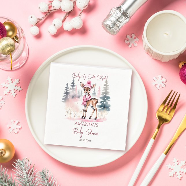 Baby it's cold outside girl baby deer baby shower napkin (Baby it's cold outside winter girls baby shower tableware personalized template napkins cute deer)