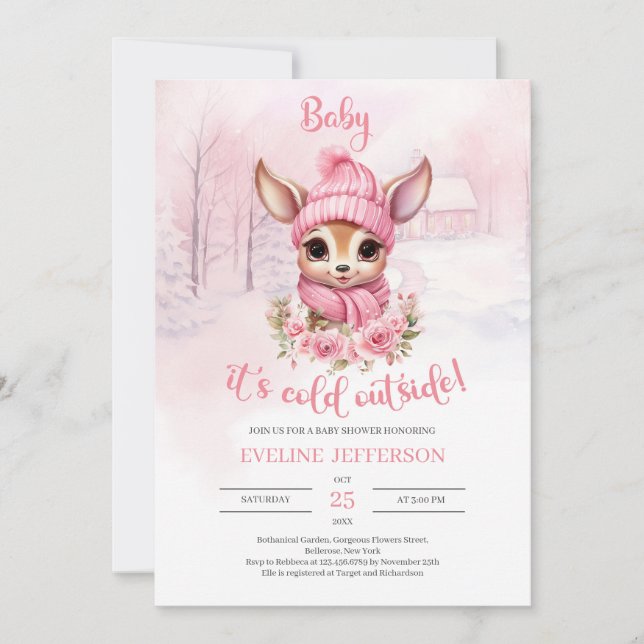 Baby it's cold outside girl baby reindeer invitation (Front)